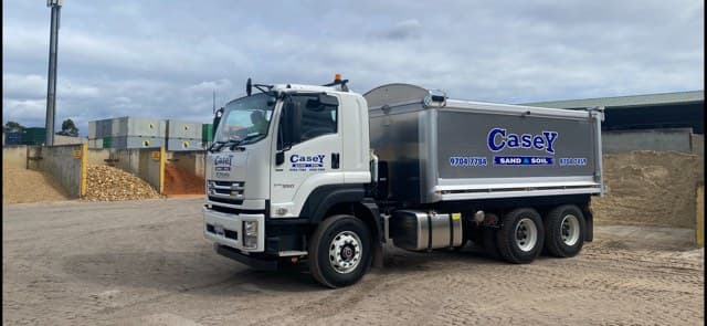 A Casey Sand & Soil tipper truck loaded and ready to leave the Narre Warren yard